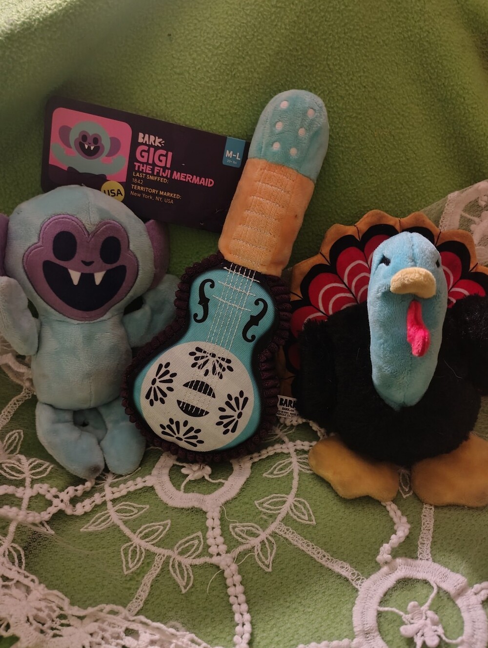 BARK BarkBox Plush Dog Toy Lot Trio Gigi Fiji Mermaid Turkey Tim & Drooly Guitar